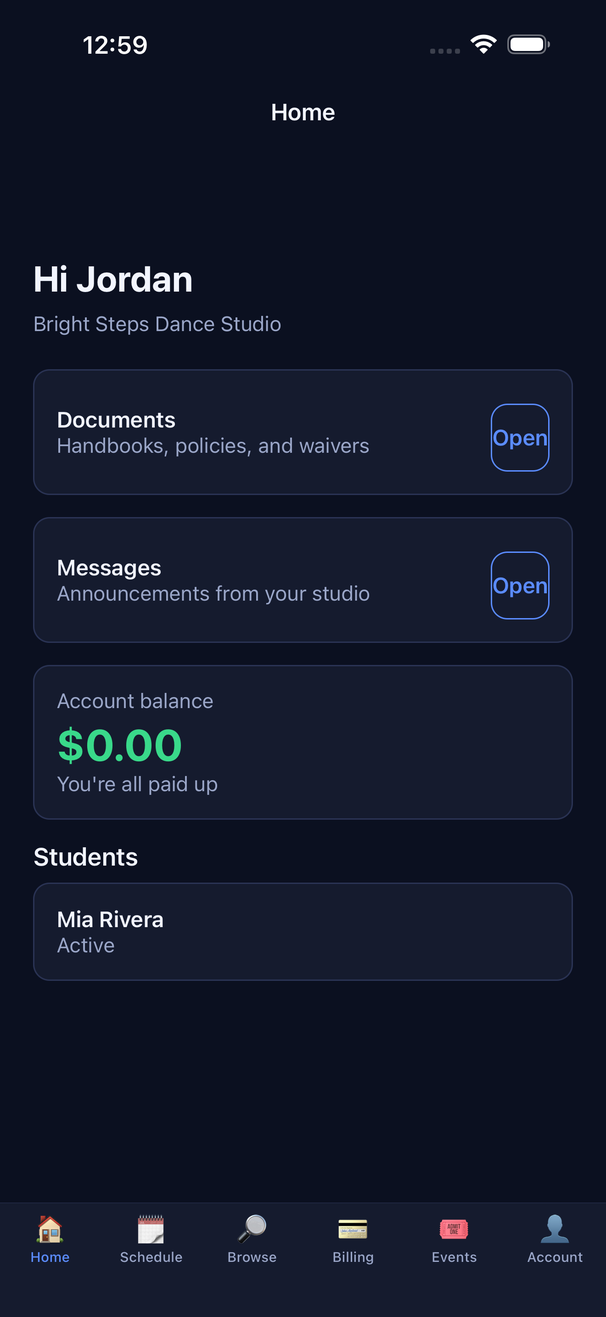The parent home screen: documents, studio messages, account balance, and students